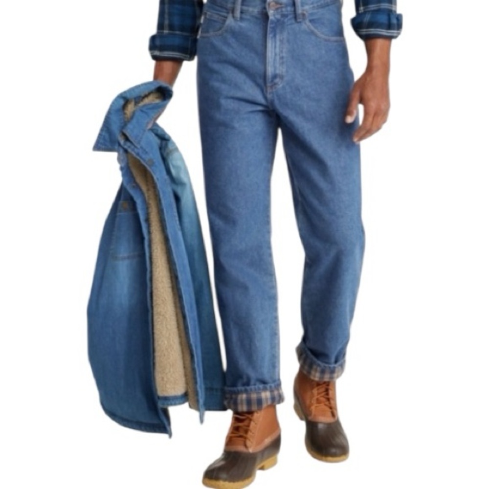 LL Bean Double Jeans, Relaxed Fit, Cotton, Flannel Lined, Sz 42x34, Denim